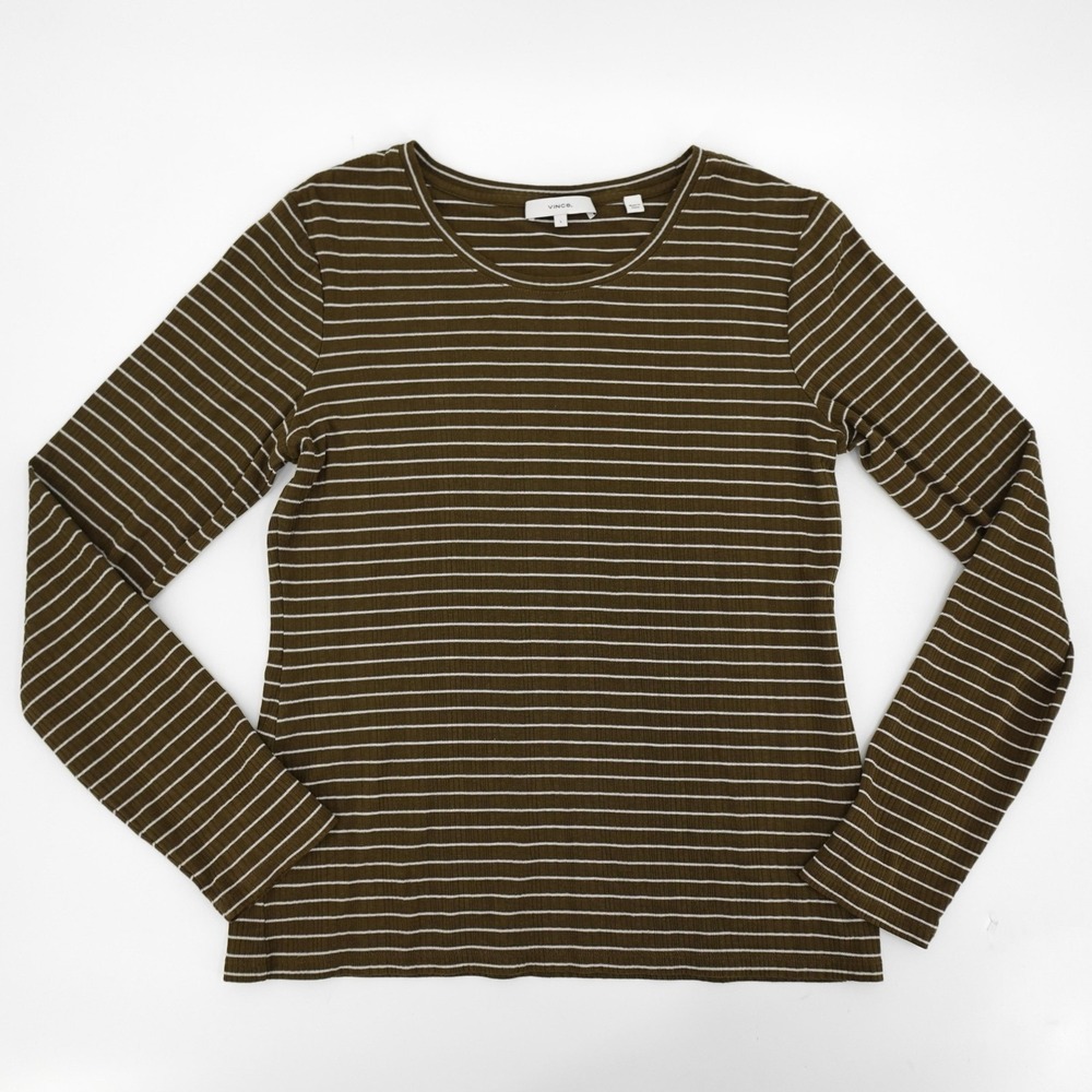 Vince Shirt Womens Large Green White Stripe Ribbed Knit‎ Long Sleeve Crewneck